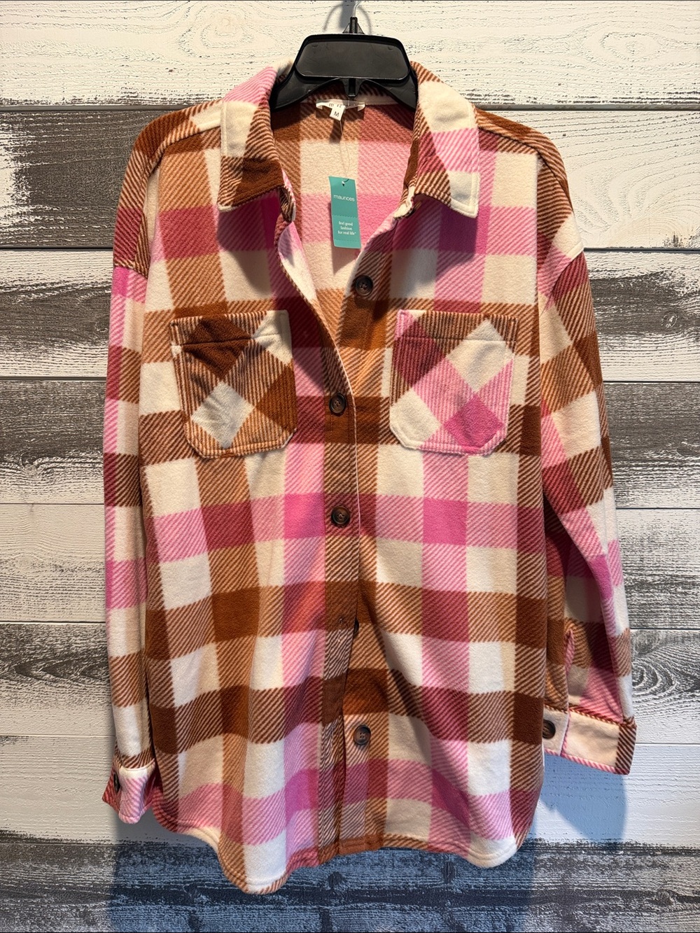 NWT Maurices Pink Brown & Cream Plaid Shacket